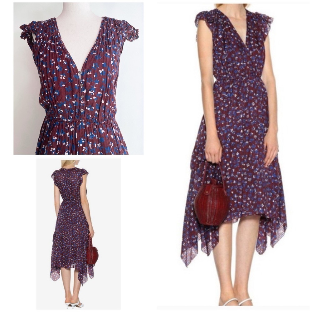 Ulla Johnson Aurelie Burgundy Blue Floral Pleated V Neck Asymmetrical Midi Dress